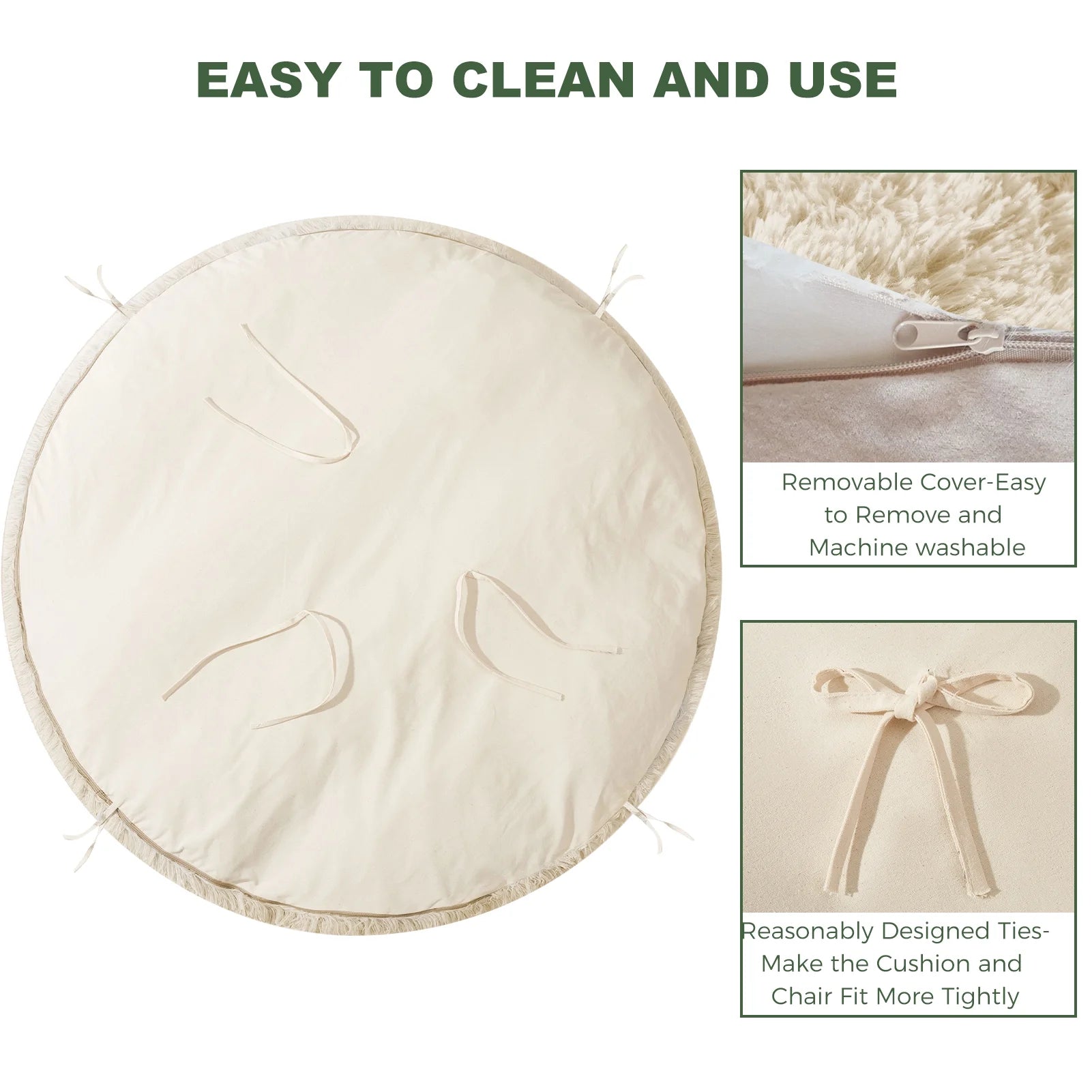 White 48X48 Inch Papasan Chair Cushion with Faux Fur Cover R53315