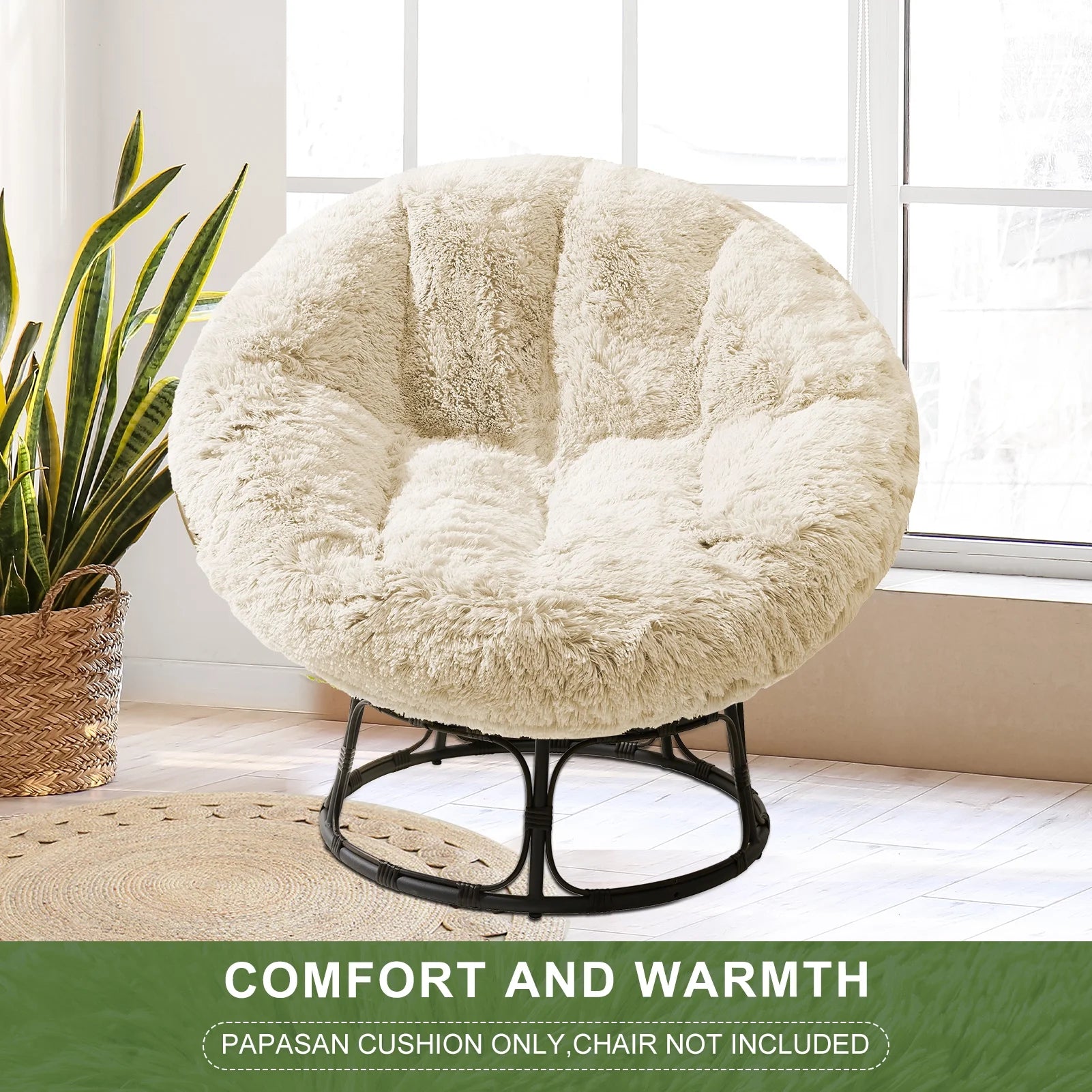White 48X48 Inch Papasan Chair Cushion with Faux Fur Cover R53315