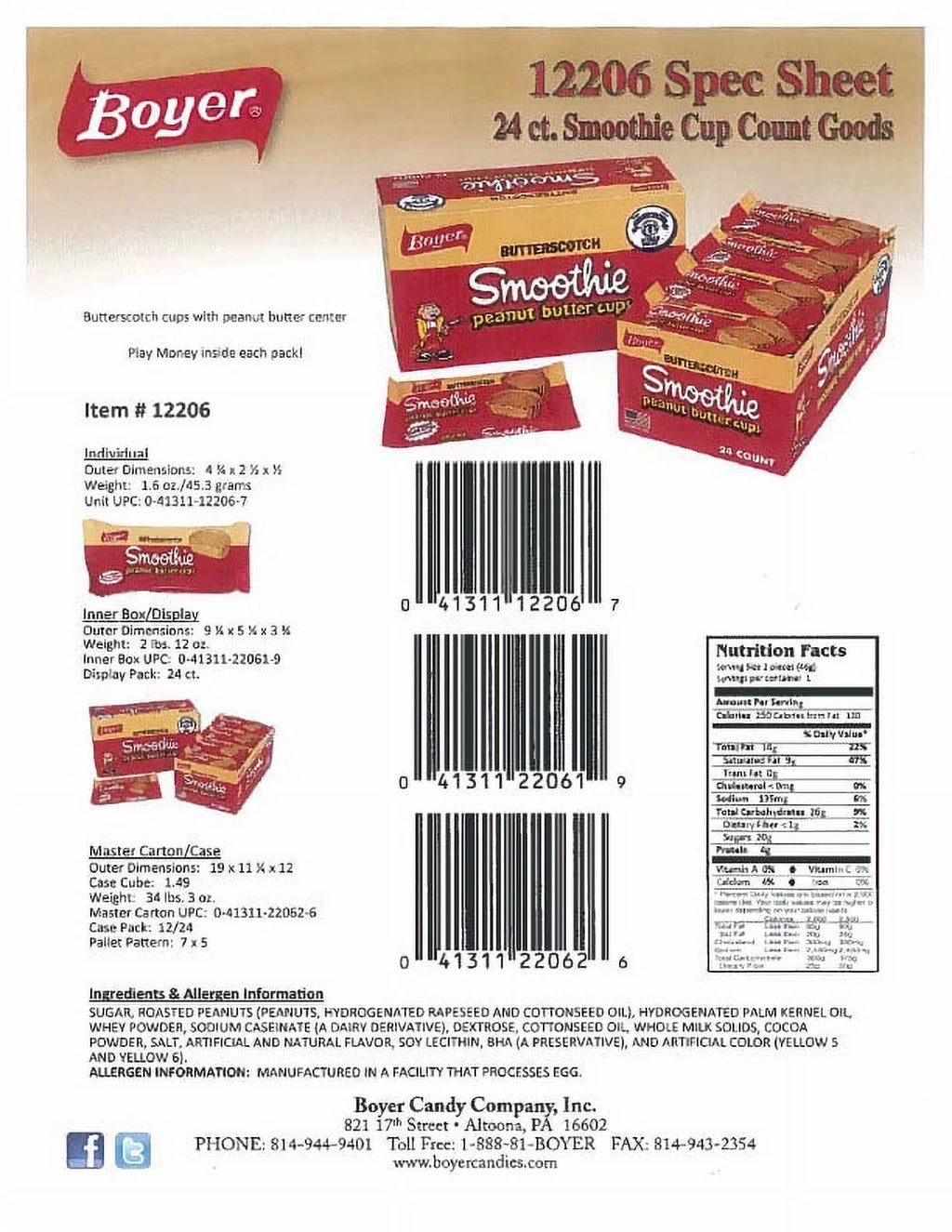 Smoothie Butterscotch Peanut Butter Cups, 1.6 oz, 24 Ct V376