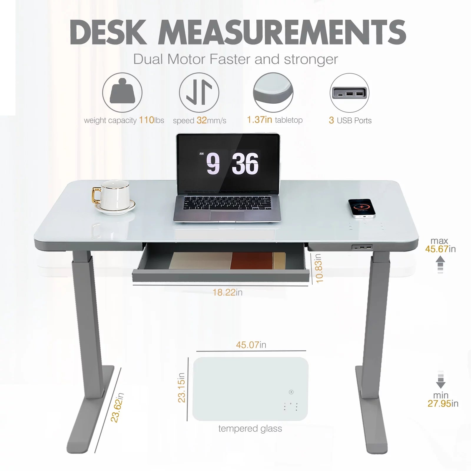 Gray Dual Motor Height Adjustable Desk with Drawer and Tempered Glass Top G69977