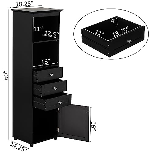 Black Tall Freestanding Storage Cabinet with 2 Open Shelves, 3 Drawers Y217107