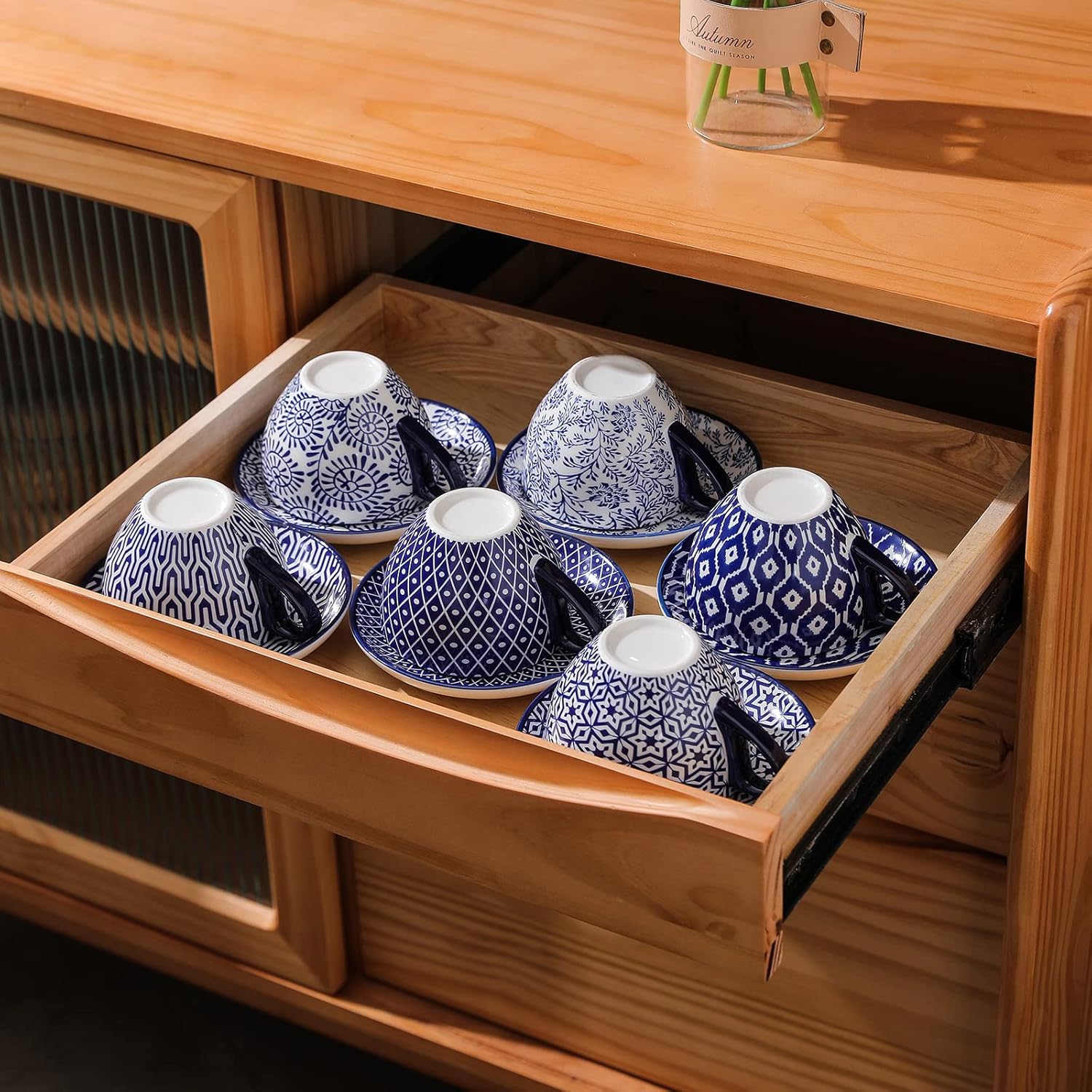 12 Piece Ceramic Dinnerware Set with 8 OZ Cappuccino Cup and Saucers, Vintage Blue E701610