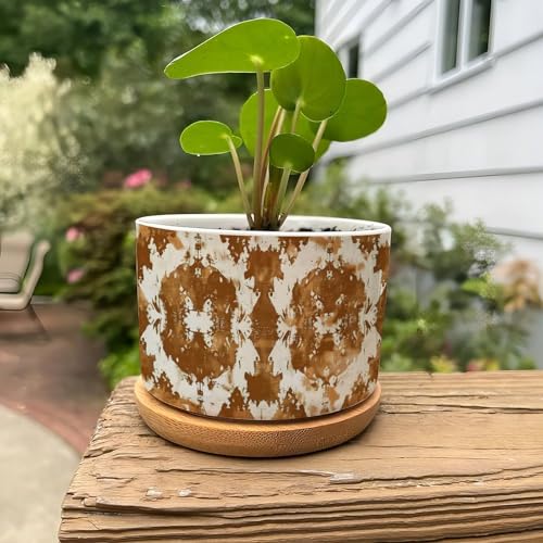 Blue And White Porcelain Ceramic Round Plant Pot with Drainage Holes And Bamboo Tray C9217
