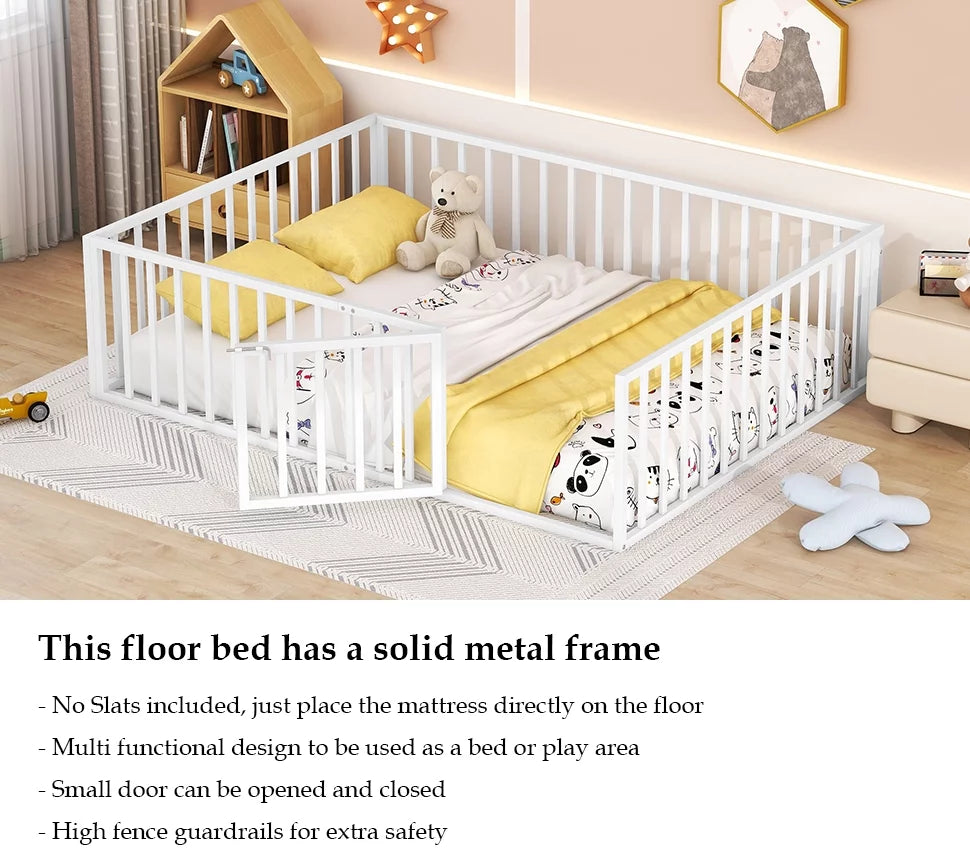 White Queen Metal Floor Bed with Fence Rails and Lockable Door G881553