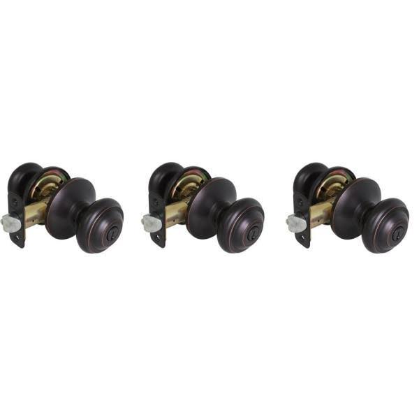 Aged Bronze Entry Keyed Door Knob (3-Pack) K31032