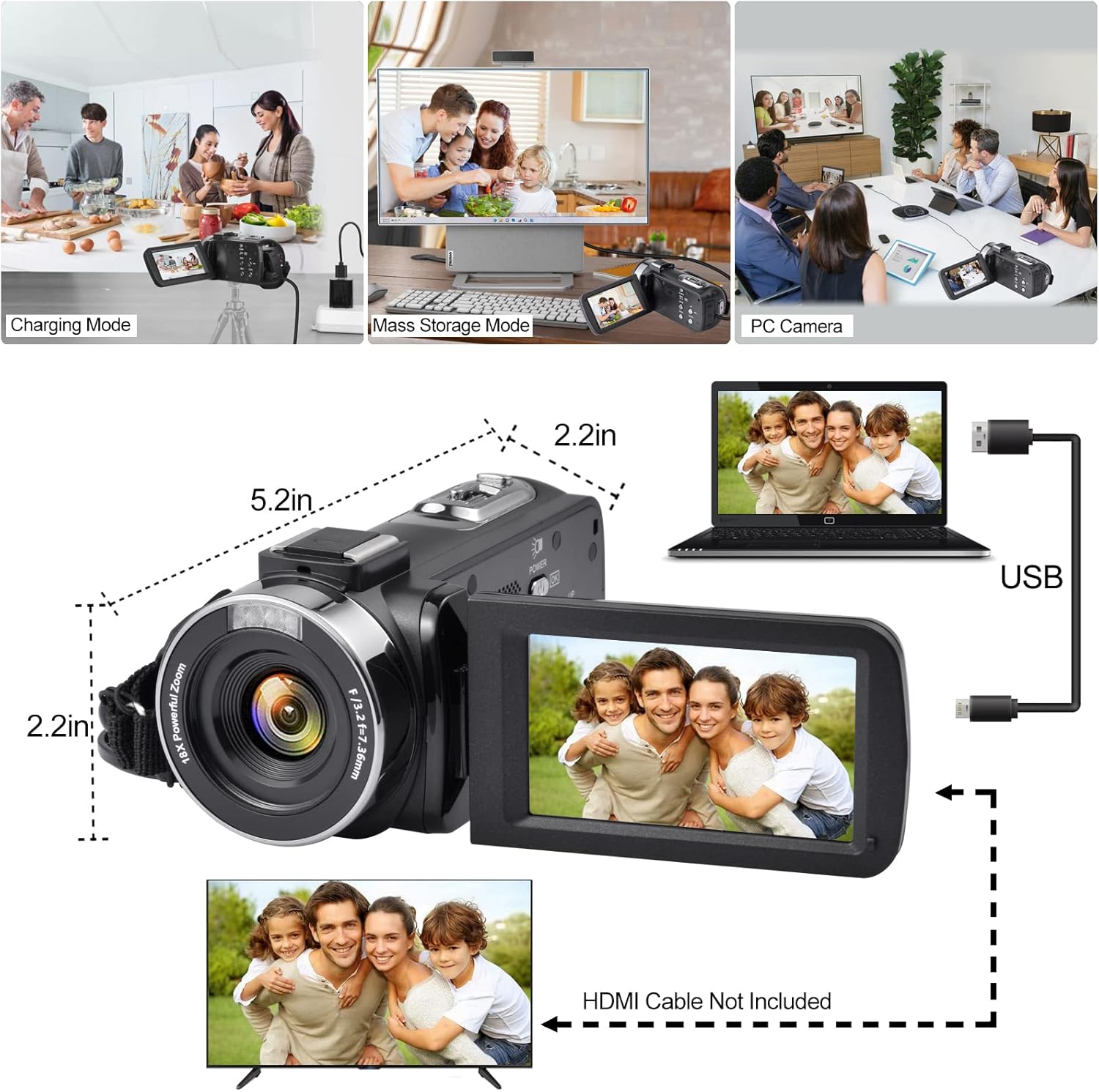 4K 48MP 3.0 Inch IPS Touch Screen Camcorder with Microphone and 2 Batteries (Black) G724213