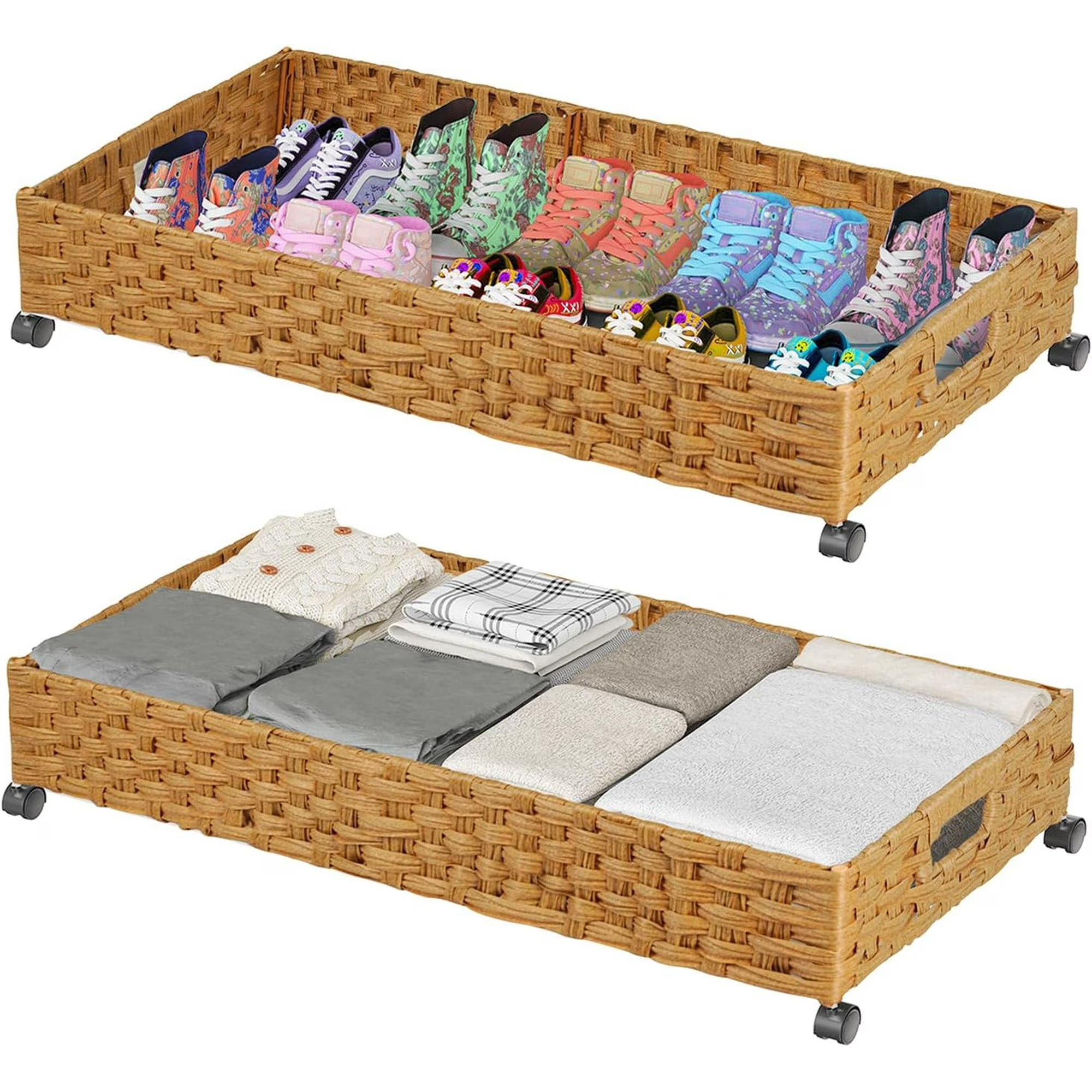 2 Pack 31.5in Rolling Rattan Under Bed Storage Bins S546
