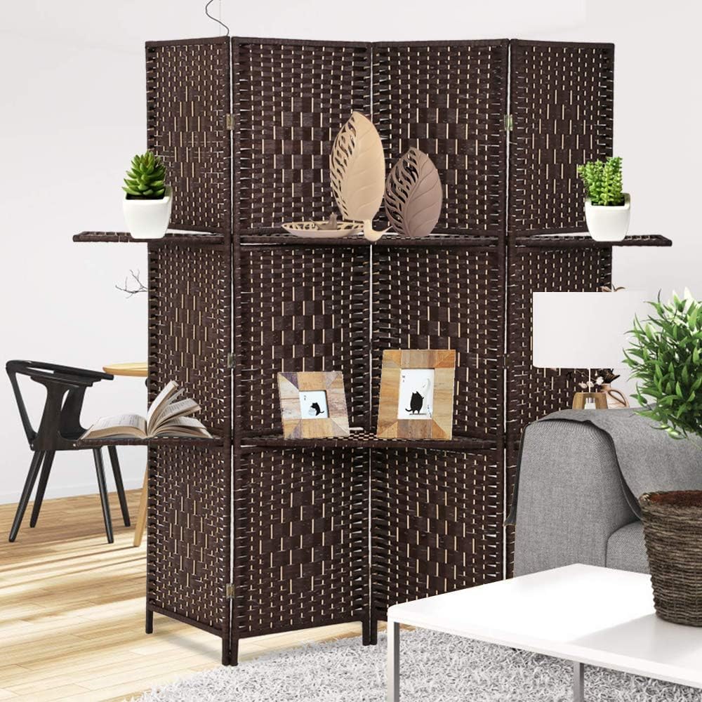 6 FT Tall Extra-Wide Folding Privacy Partition with 2 Shelves Brown O74086
