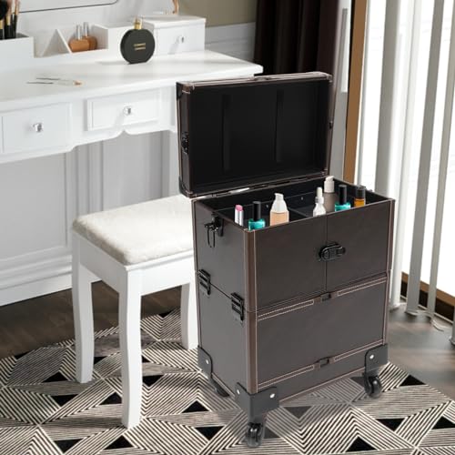Black Aluminum Cosmetic Organizer Box with Mirror and 4 Wheels F432525
