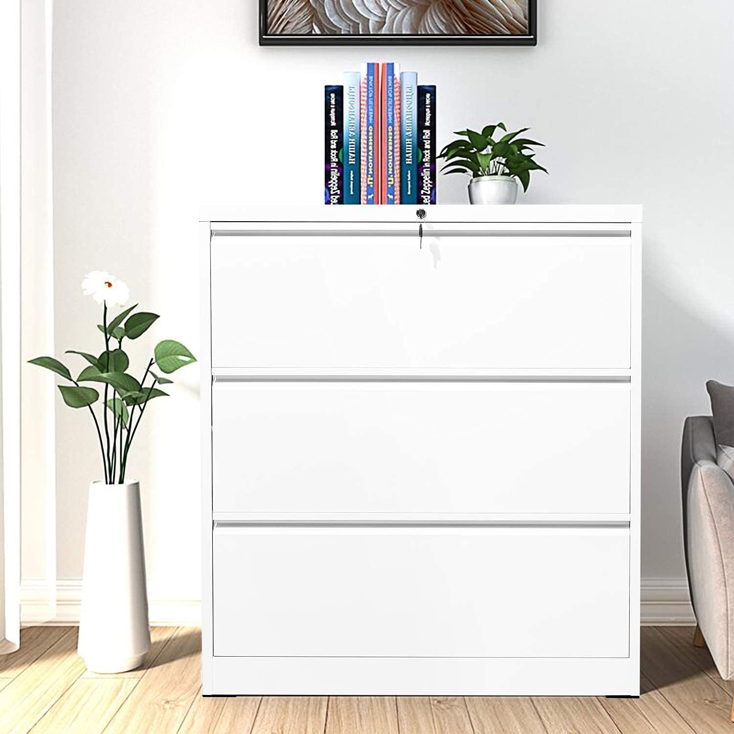 White Metal 3 Drawer File Cabinet with Lock G47883