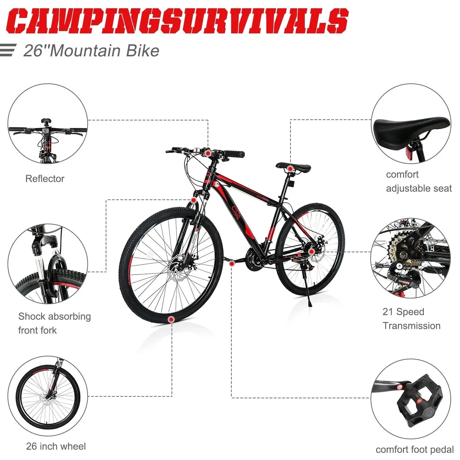 26 Inch 21 Speed Red Black Mountain Bike U96940