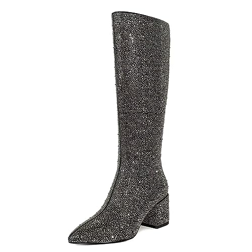 Low Chunky Pointed Toe Ankle Boots with Rhinestone C256746