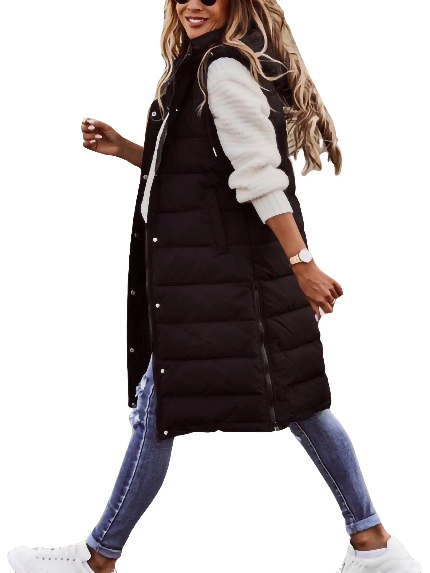 Black Hooded Long Padded Quilted Vest V98593