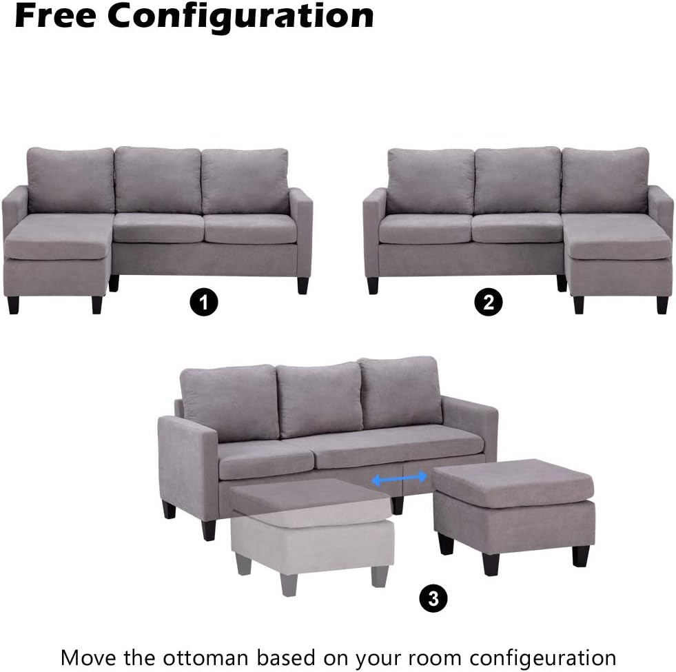Light Grey Linen Fabric L-Shaped 3-Seat Convertible Sectional Sofa Couch with Reversible Chaise A607