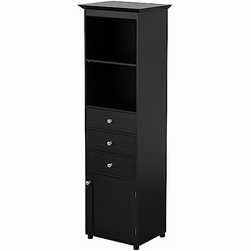 Black Tall Freestanding Storage Cabinet with 2 Open Shelves, 3 Drawers Y217107