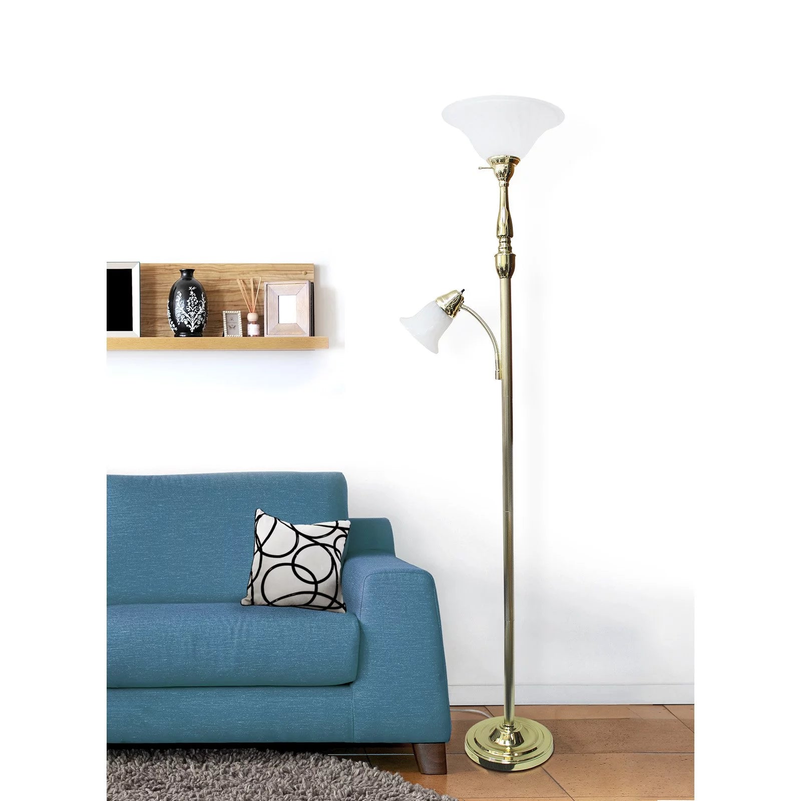2 Light Torchiere Floor Lamp with White Marble Glass, Brushed Nickel G15322