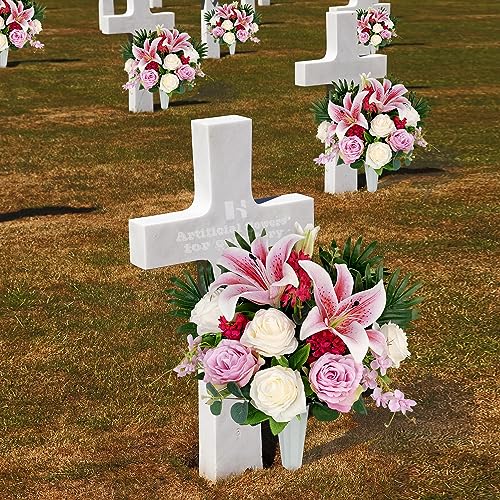Vibrant Pink Lily and Rose Silk Flower Arrangement with Vase S876187