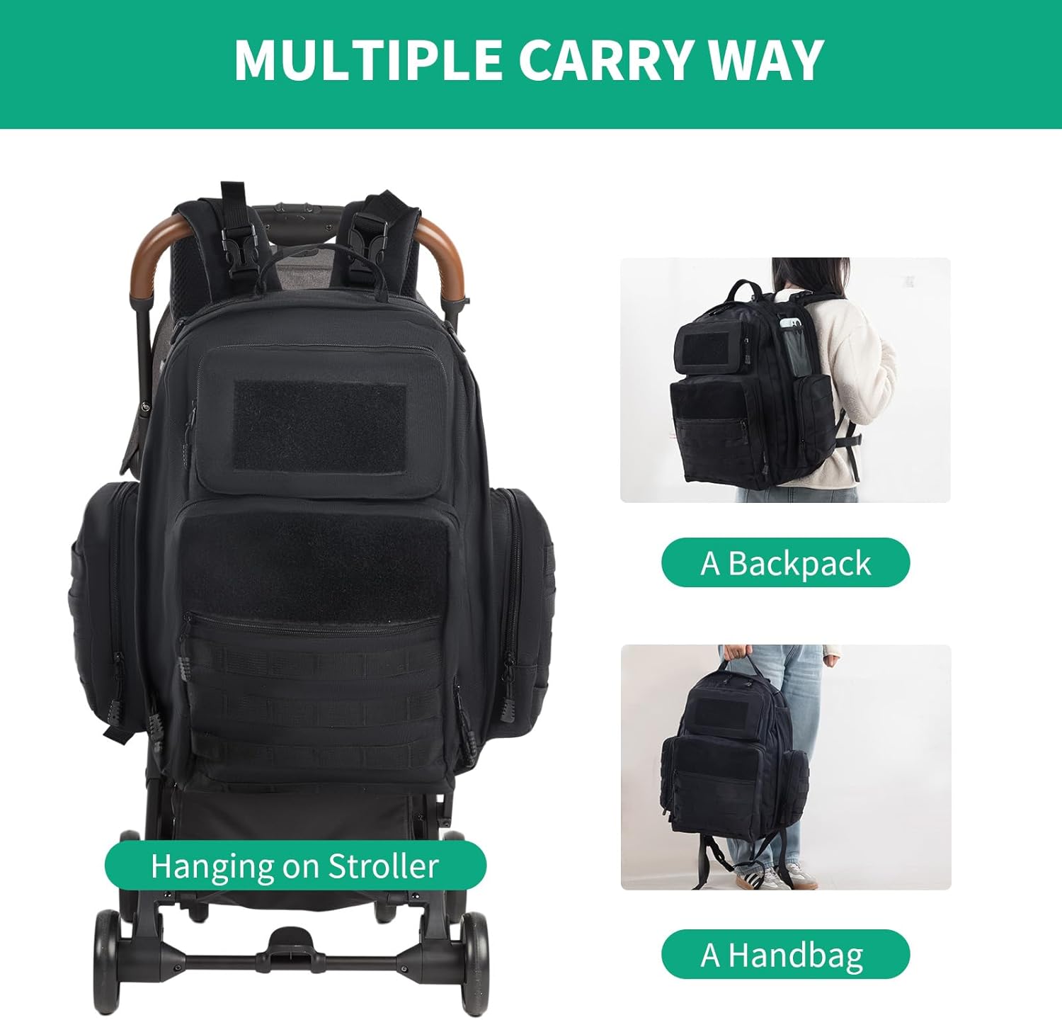 Black Expandable Military Diaper Bag Backpack with Changing Pad O4605