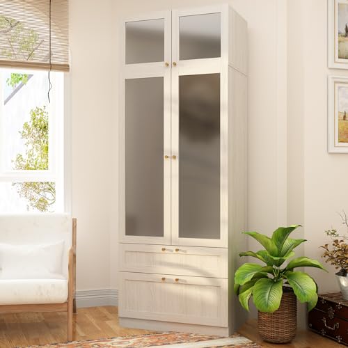 Large Wooden Wardrobe Cabinet with Frosted Glass Doors and 2 Drawer N47316