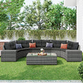8 Piece Half Moon Sectional Patio Furniture Set with Washable Cushions and Glass Coffee Table T337