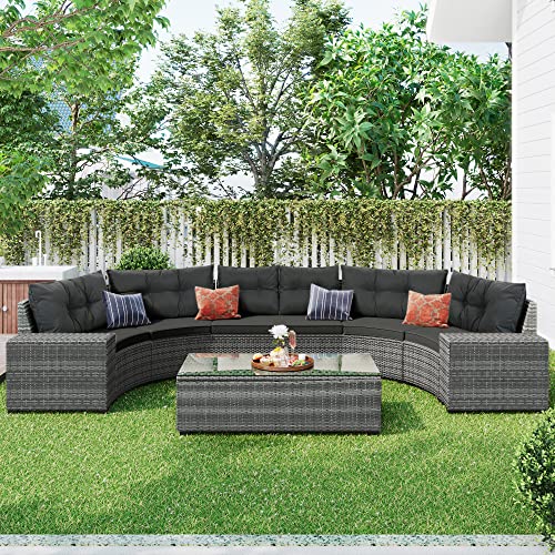 8 Piece Half Moon Sectional Patio Furniture Set with Washable Cushions and Glass Coffee Table T337