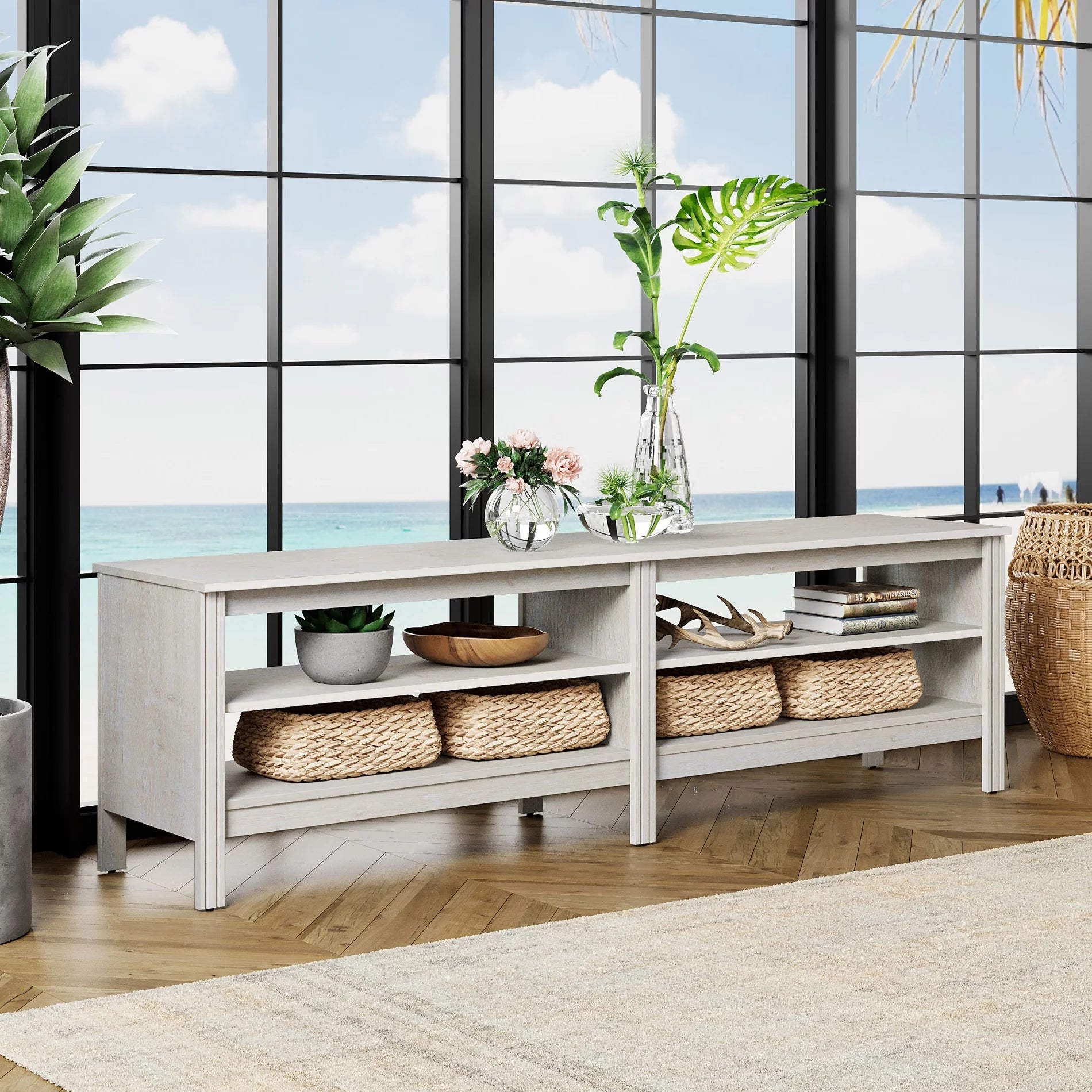 White 70 inch Wood TV Stand with 4 Cubby E876