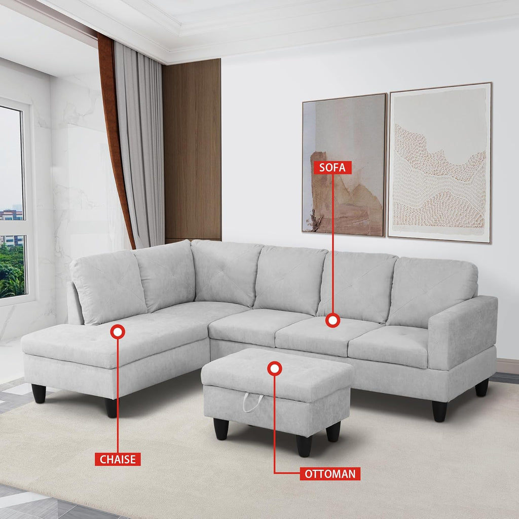 97" L-Shaped Corner Sofa with Left Chaise & Movable Storage Ottoman, 6 Seat Flannelette Fabric Sectional Couch, Wood Legs & Frame Q8228