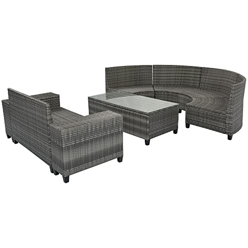 8 Piece Half Moon Sectional Patio Furniture Set with Washable Cushions and Glass Coffee Table T337