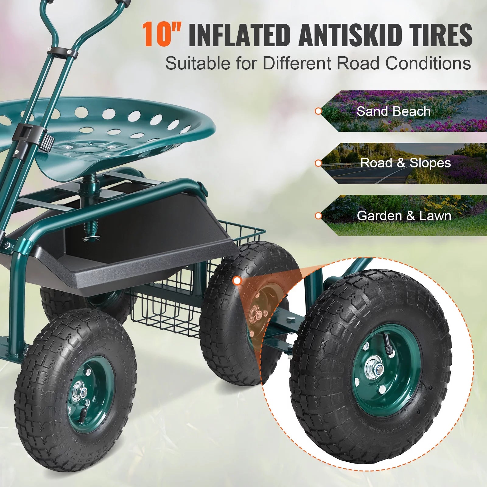 Garden Cart Rolling Workseat with Wheels, 360 Degree Swivel Seat, Steering Handle & Utility Tool Tray Y6931