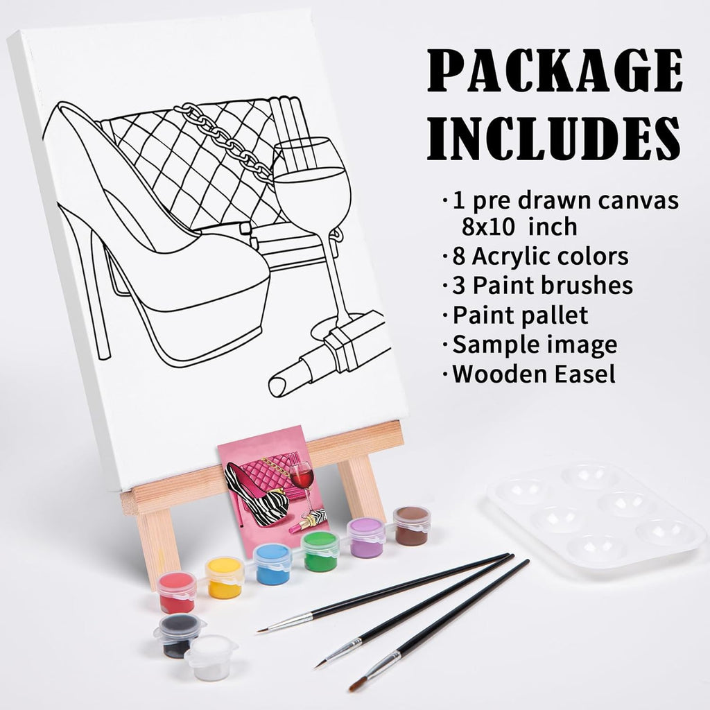 Pre Drawn Canvas Painting Kit with 1 Easel, 8 Acrylic Colors, 3 Brush, 1 Pallet (8x10) E460209