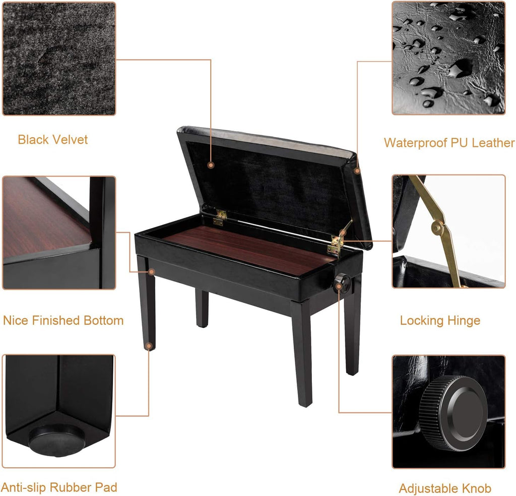Black Faux Leather Adjustable Piano Bench with Storage C541
