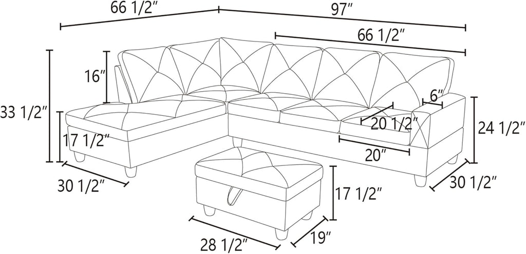 97" L-Shaped Corner Sofa with Left Chaise & Movable Storage Ottoman, 6 Seat Flannelette Fabric Sectional Couch, Wood Legs & Frame Q8228