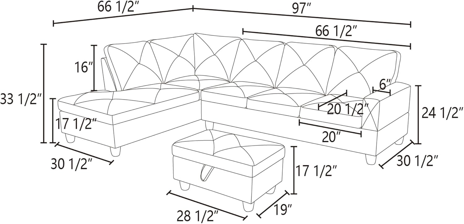 97" L-Shaped Corner Sofa with Left Chaise & Movable Storage Ottoman, 6 Seat Flannelette Fabric Sectional Couch, Wood Legs & Frame Q8228