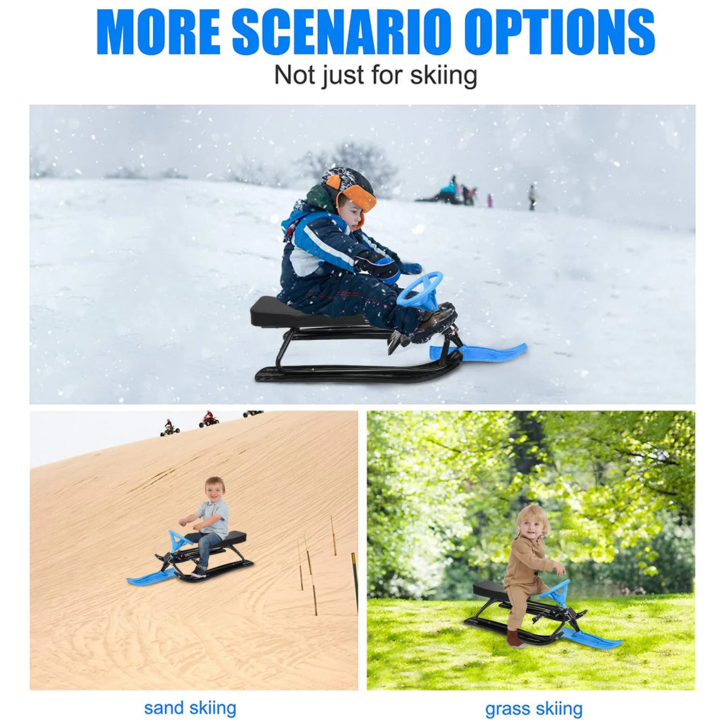 Blue Snow Racer Sled with Steering Wheel, Twin Brakes, Durable Steel Frame E51789