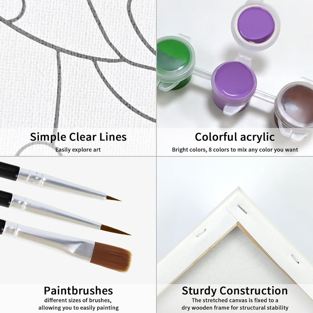 Pre Drawn Canvas Painting Kit with 1 Easel, 8 Acrylic Colors, 3 Brush, 1 Pallet (8x10) E460209