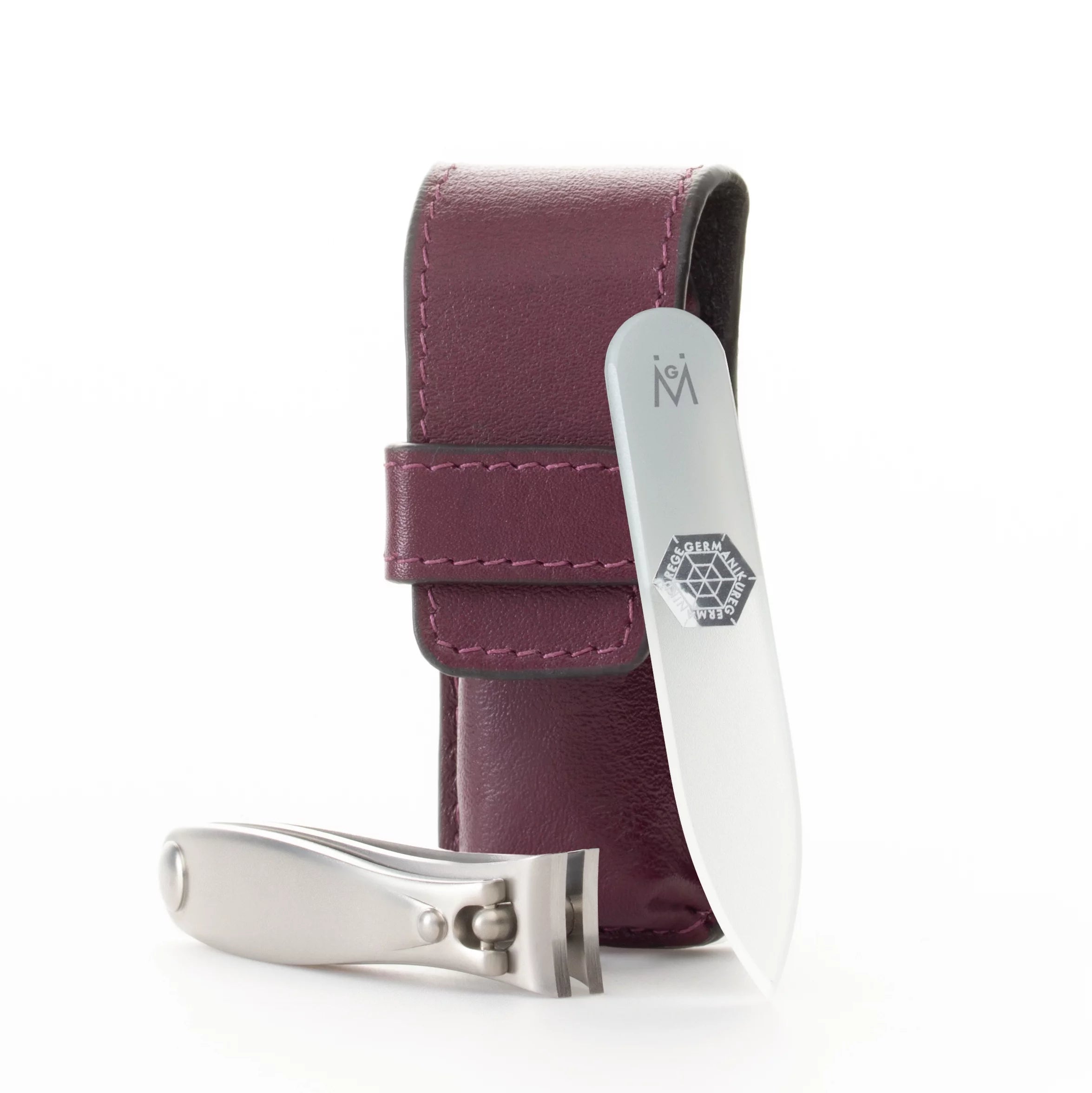 Nail clipper and Glass Nail File Set in Purple Leather Case F477