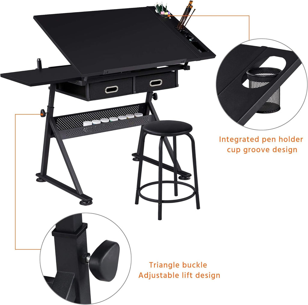 Height Adjustable Drafting Desk with Tiltable Tabletop and 2 Storage Drawers Y68050