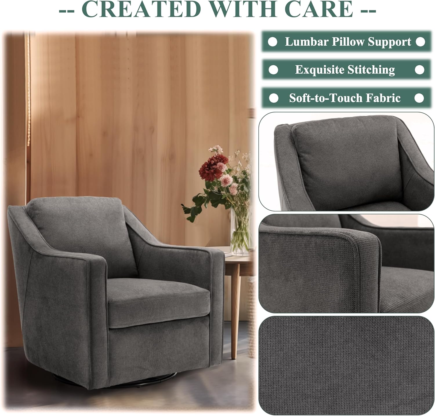 Grey Upholstered Fabric Swivel Accent Chair Set of 2 with Lumbar Pillow C685807