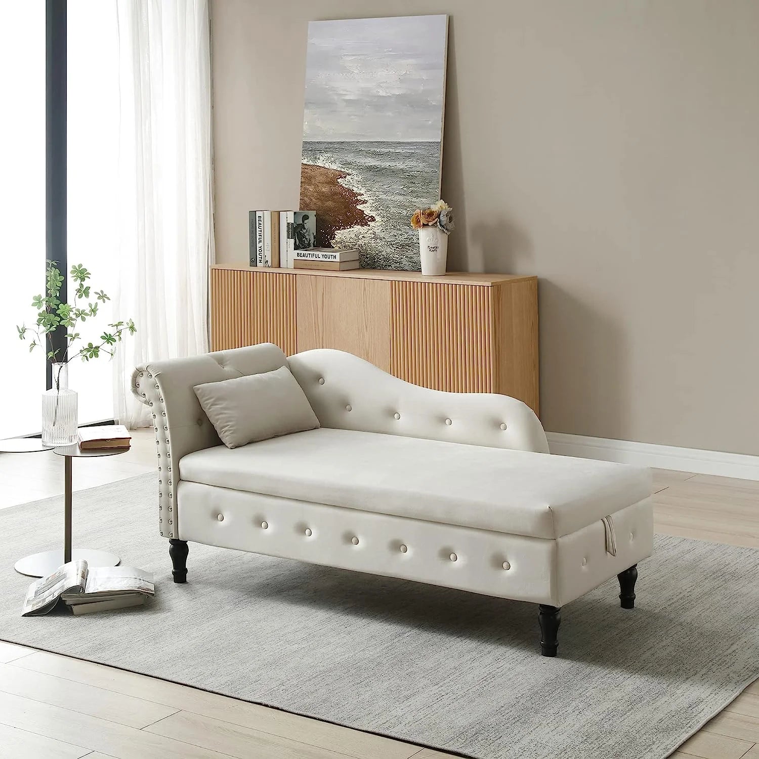 Beige Velvet Upholstered Chaise Lounge Chair with Storage and Pillow T801694
