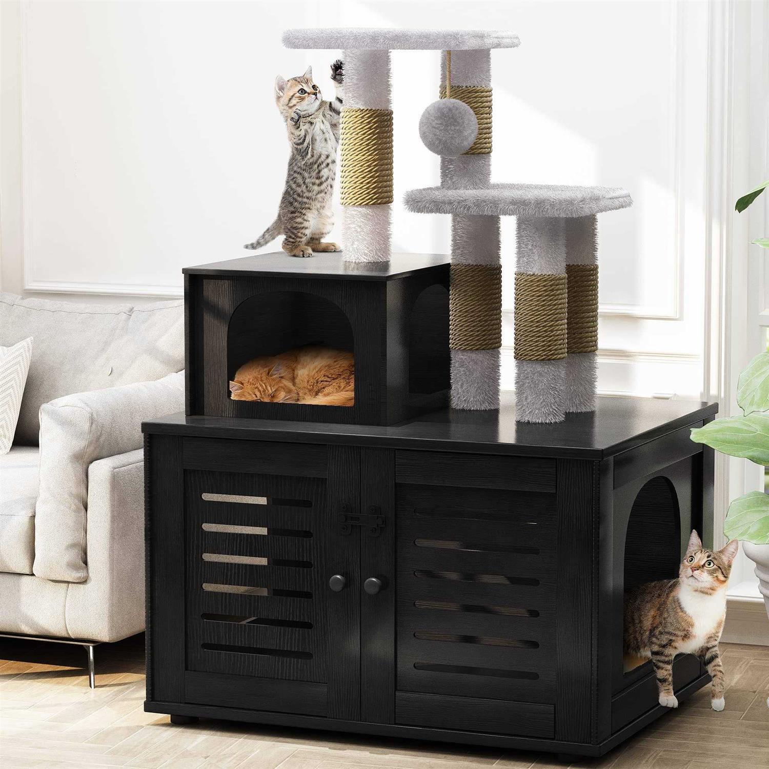 Cat Litter Box Enclosure with Cat Tree Hidden Cat Washroom Furniture with Divider P818205