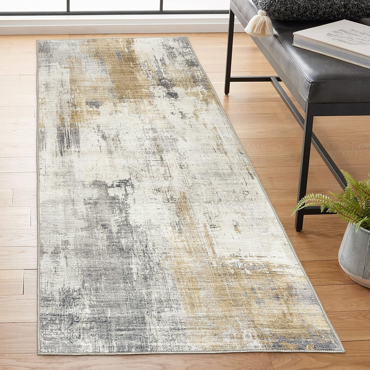 Beige 2'6" x 6' Machine Washable Area Rug Runner Y378287