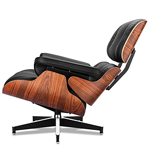Top Black Grain Leather Palisander Wood Lounge Chair and Ottoman V26658