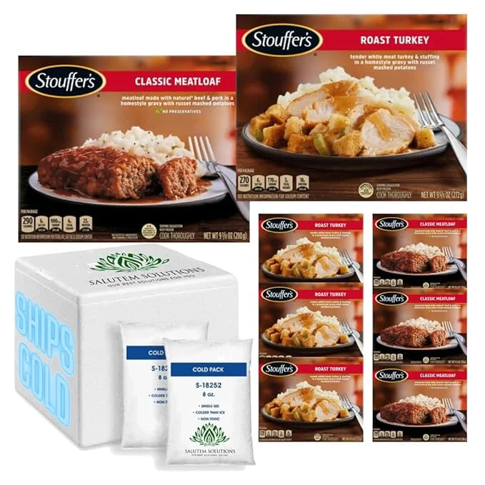 Variety Pack Classic Ketchup Glazed Meatloaf Meal 9.875 oz and Roast Tender White Turkey Frozen Meal 9.625 oz Pack of 8 B76326