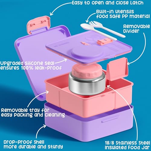 Leakproof 3-4 Compartments Lunch Bento Box Set with Insulated Thermos Food Jar, Water Bottle, Lunch Bag, Sauce Cup & Cutlery L3558