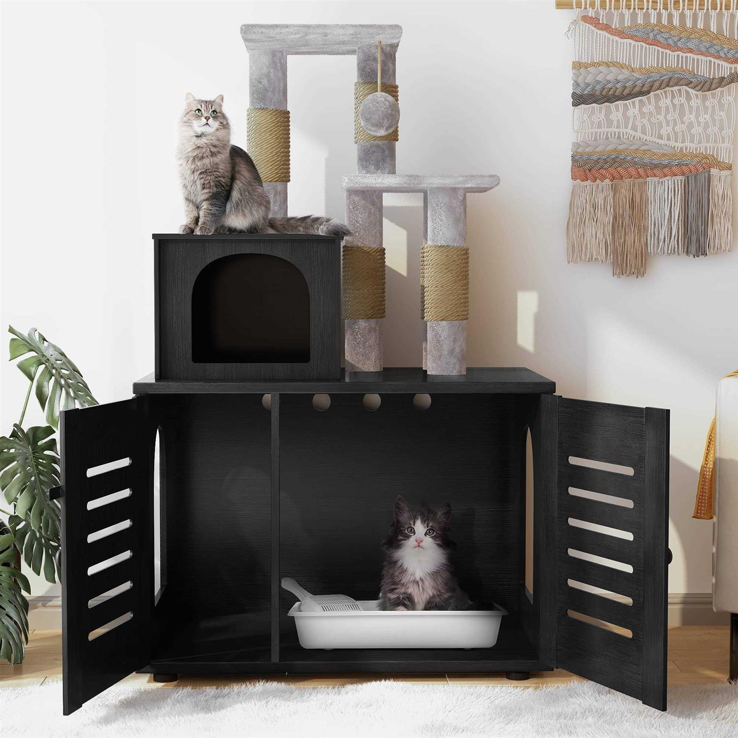 Cat Litter Box Enclosure with Cat Tree Hidden Cat Washroom Furniture with Divider P818205