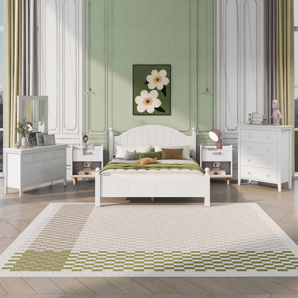 Queen Size Solid Wood Platform Bed with Headboard and Footboard White P3741