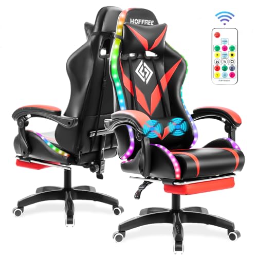 Blue and White Ergonomic Gaming Chair with Massage, LED Lights, Footrest, High Back, Reclining, Adjustable Lumbar Support B4781