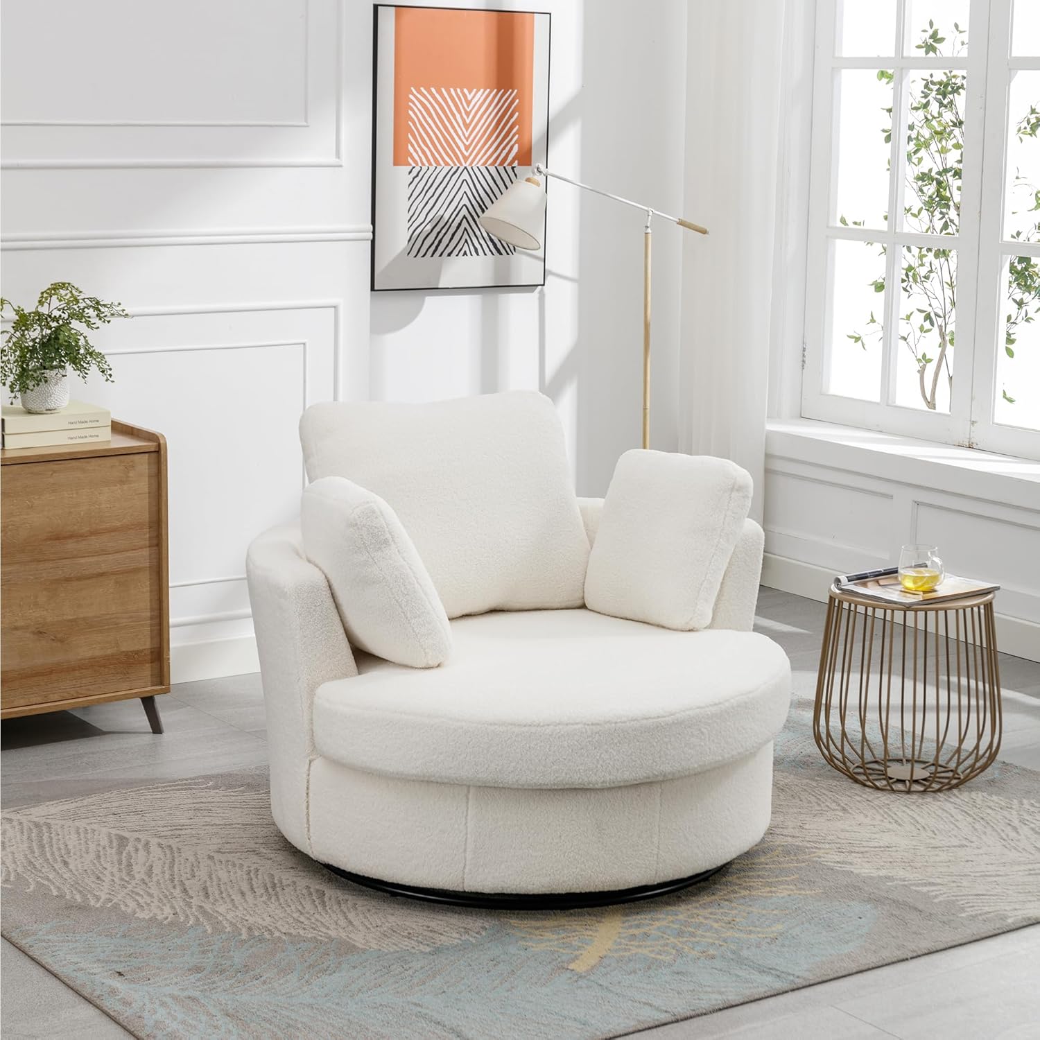Ivory Sherpa Oversized Swivel Accent Barrel Chair W474964