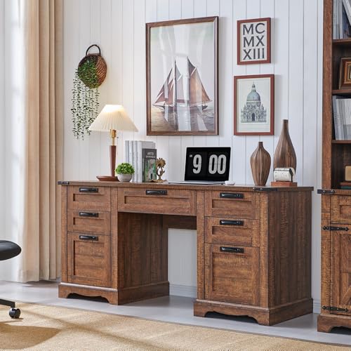 60" Farmhouse Desk with Drawers, Charging Station, Keyboard Tray, File Drawer, Storage Cabinet (Natural Oak) O70035
