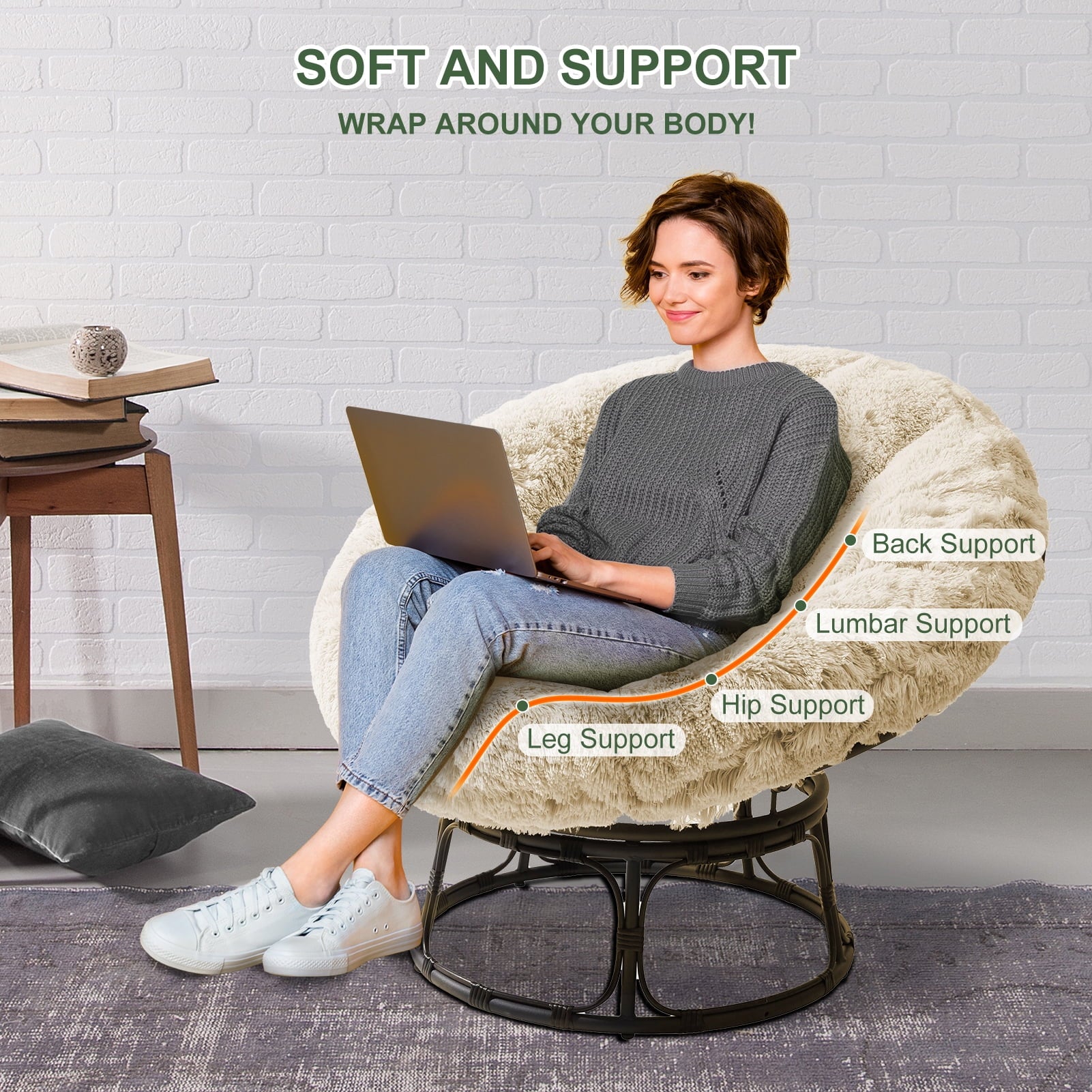 White 48X48 Inch Papasan Chair Cushion with Faux Fur Cover R53315